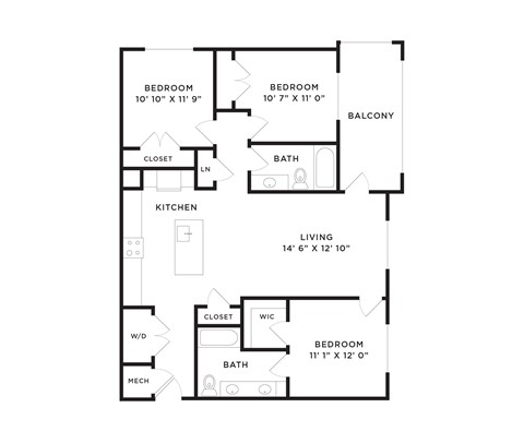 Floor plan for 3 beds, 2 baths, 1336 sqft