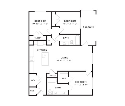 Floor plan for 3 beds, 2 baths, 1336 sqft