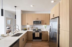 Kissimmee apartment for rent - A modern kitchen with wooden cabinets and stainless steel appliances.