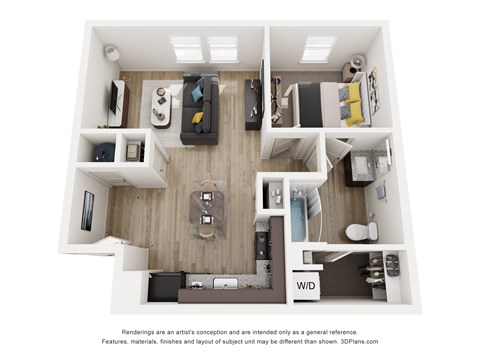 Floor plan for 1 bed, 1 bath, 639 sqft