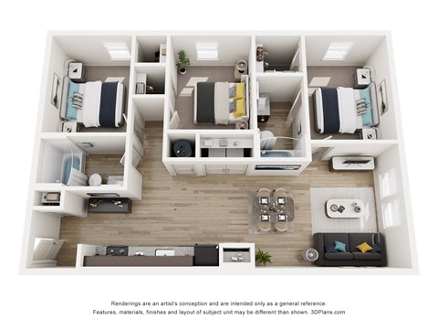 Floor plan for 3 beds, 2 baths, 1075 sqft