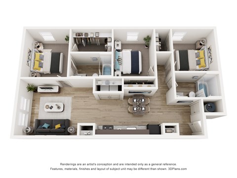 Floor plan for 3 beds, 2 baths, 1075 sqft