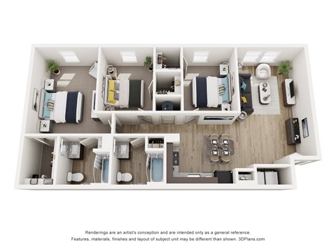 Floor plan for 3 beds, 2 baths, 1175 sqft