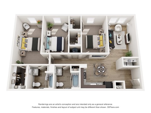 Floor plan for 3 beds, 2 baths, 1190 sqft