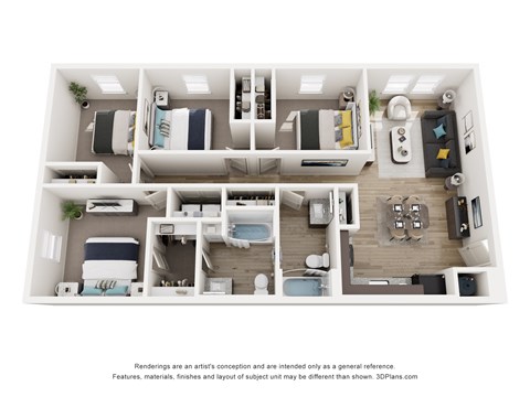 Floor plan for 4 beds, 2 baths, 1250 sqft