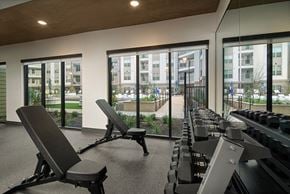 Houston apartment for rent - A gym with a row of treadmills and two lounge chairs.