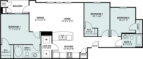 Floor plan for 3 beds, 2 baths, 1078 sqft