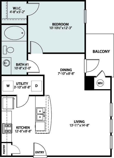 Floor plan for 1 bed, 1 bath, 674 sqft