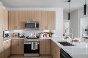 Fort Myers apartment for rent - A modern kitchen with wooden cabinets and stainless steel appliances.
