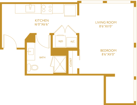 Floor plan for studio, 1 bath, 464 sqft
