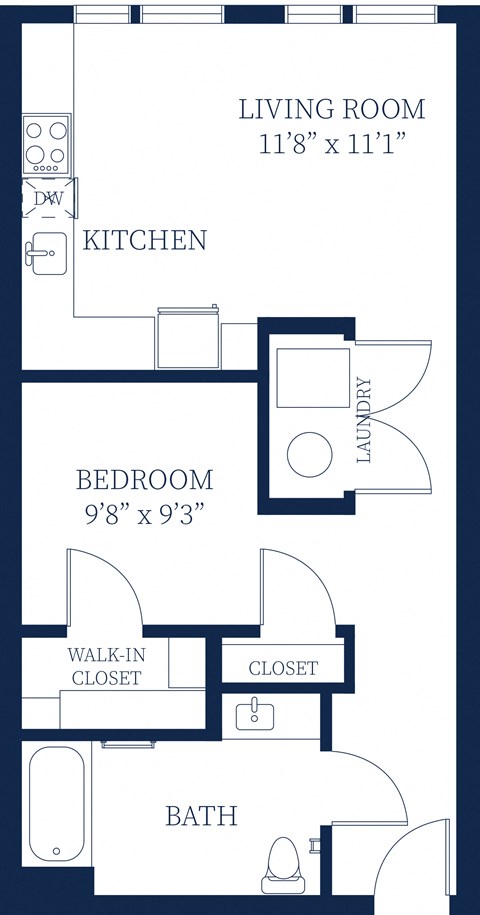 Floor plan for studio, 1 bath, 645 sqft