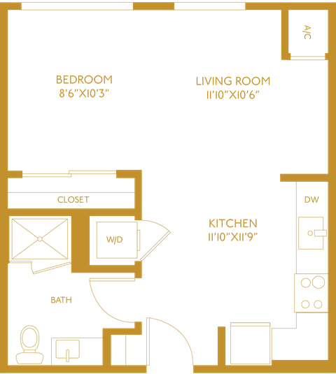 Floor plan for studio, 1 bath, 498 sqft