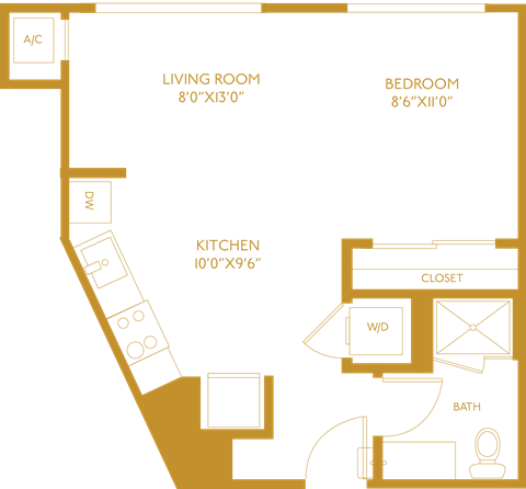 Floor plan for studio, 1 bath, 500 sqft