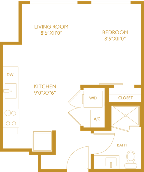 Floor plan for studio, 1 bath, 500 sqft