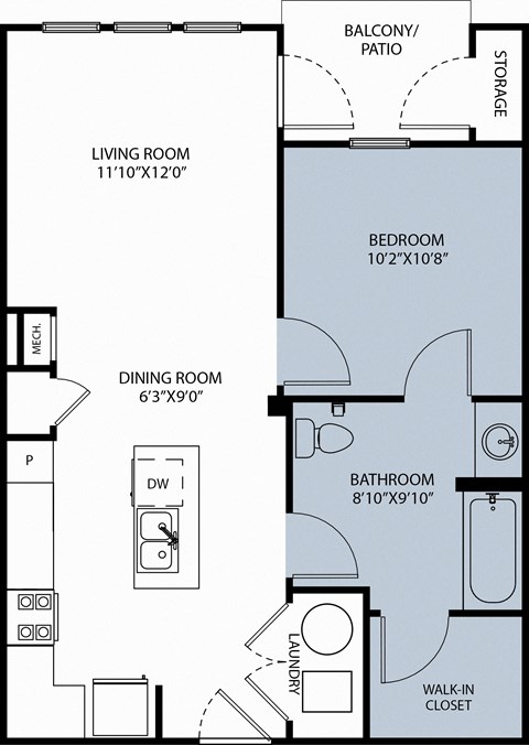 Floor plan for 1 bed, 1 bath, 621 sqft
