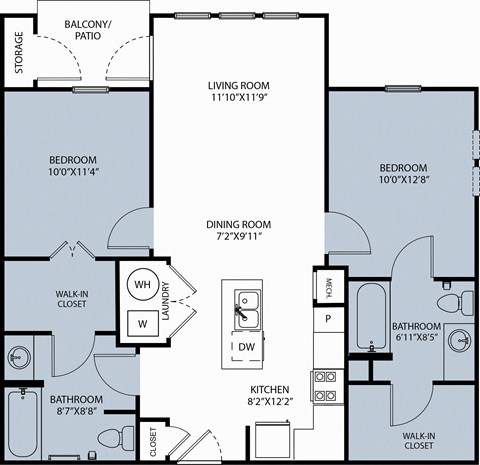 Floor plan for 2 beds, 2 baths, 870 sqft