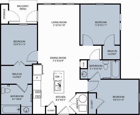 Floor plan for 3 beds, 2 baths, 996 sqft