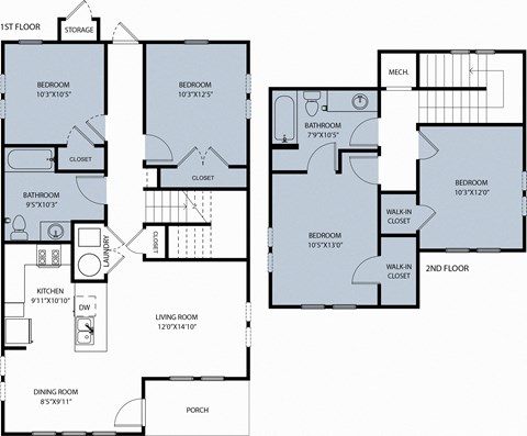 Floor plan for 4 beds, 2 baths, 1437 sqft