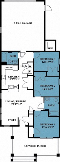 Floor plan for 3 beds, 2 baths, 1251 sqft