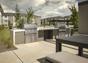 Sherman apartment for rent - A BBQ grill is in the middle of a concrete patio with seating