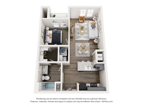 Floor plan for 1 bed, 1 bath, 656 sqft