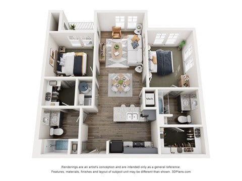 Floor plan for 2 beds, 2 baths, 923 sqft