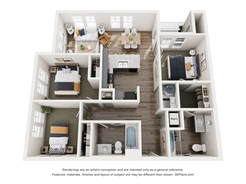 Floor plan for 3 beds, 2 baths, 1055 sqft