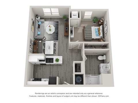 Floor plan for 1 bed, 1 bath, 728 sqft