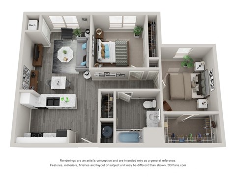 Floor plan for 2 beds, 1 bath, 913 sqft