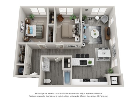 Floor plan for 2 beds, 1 bath, 1038 sqft
