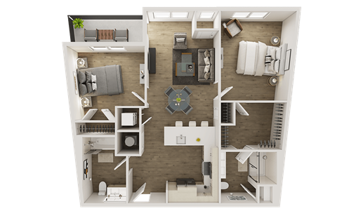 Floor plan for 2 beds, 2 baths, 1049 sqft