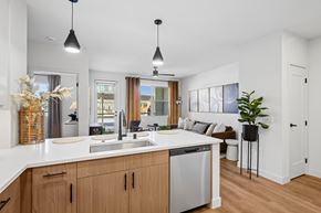 Las Vegas apartment for rent - A modern kitchen with wooden cabinets and a white countertop.
