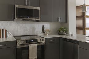 Princeton apartment for rent - A modern kitchen with dark cabinets and a stainless steel oven.