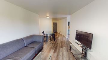 Ann Arbor apartment for rent - A grey couch sits in a living room with a television on a glass stand.