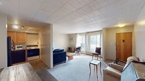 Ann Arbor apartment for rent - A living room with a couch, chairs, and a dining table.