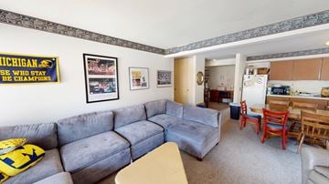 Ann Arbor apartment for rent - A living room with a grey couch and a yellow pillow.