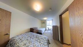 Ann Arbor apartment for rent - A bedroom with a bed, dresser, and mirror.
