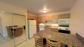 Ann Arbor apartment for rent - A kitchen with granite countertops and wooden chairs.