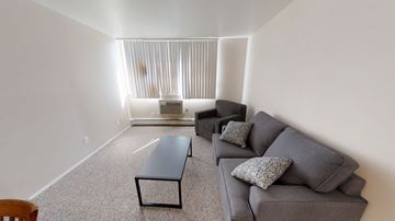 Ann Arbor apartment for rent - A living room with a grey couch and a black coffee table.
