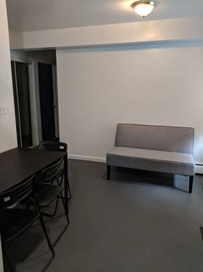 Ann Arbor apartment for rent - A grey sofa sits in a room with a black table and chairs.