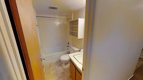 Ann Arbor apartment for rent - A bathroom with a toilet, sink, and shower.