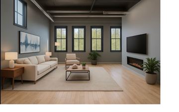 Ann Arbor apartment for rent - A modern living room with a fireplace and a large painting on the wall.