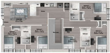 Ann Arbor apartment for rent - A floor plan of an apartment with a living room, kitchen, dining room, and multiple bedrooms.