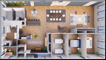 Ann Arbor apartment for rent - A 3D rendered image of a modern apartment layout.
