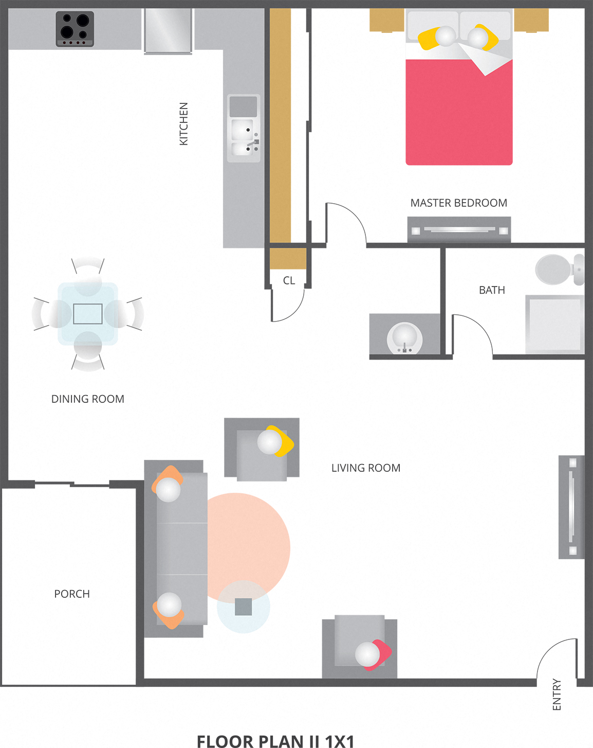 Floor plan for 1 bed, 1 bath, 632 sqft