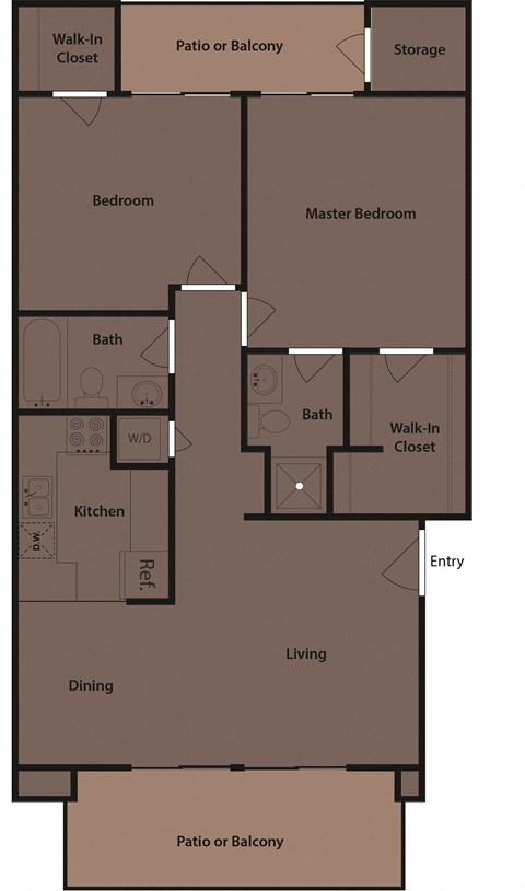 Floor plan for 2 beds, 2 baths, 975 sqft