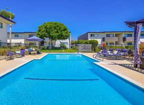 Cypress apartment for rent - A large blue swimming pool with a black fence and a tree in the background.