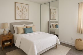 Tustin apartment for rent - Bright bedroom with large mirrored closet and modern décor at Arbor Ranch Apartments.