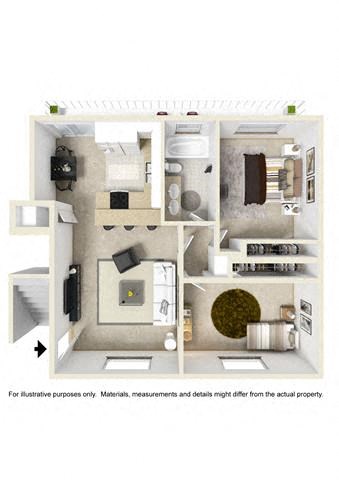 Floor plan for 2 beds, 1 bath, 853 sqft