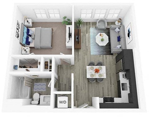 Floor plan for 1 bed, 1 bath, 621 sqft
